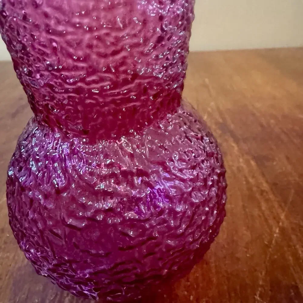 Vintage Cranberry Pink Textured Art Glass Vase Bulb Base 8” Made in China